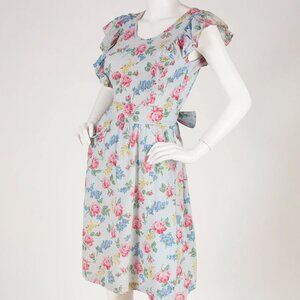1940s Vintage Ruffle Floral Blue Cotton Apron Pinafore House Dress Sz S